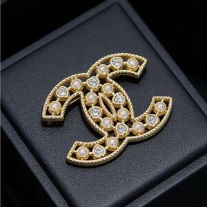 Gold Brooch with Pearls, Crystal Accents, and CC Letters - NEW